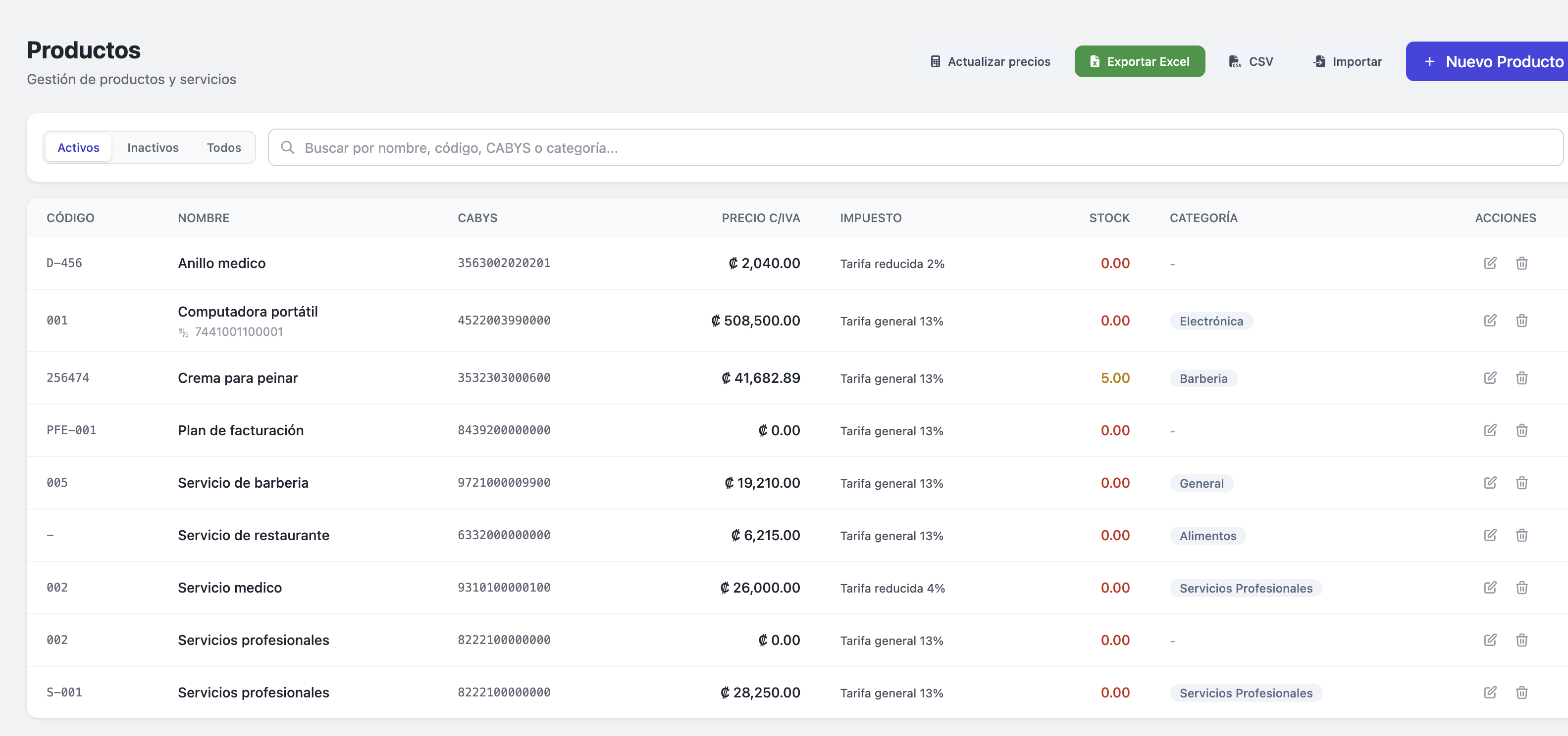 Crear productos en e-FacturaCR